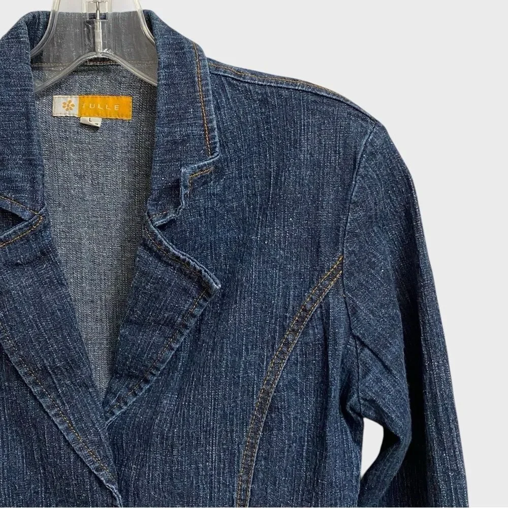 Tulle Women's Three-Button Denim Jacket Sz L Fitted Pockets Retro Chic Coquette